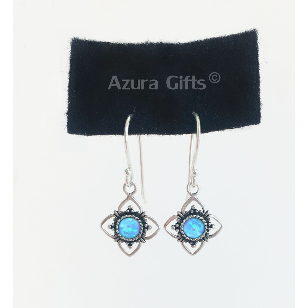 Blue Opal Silver Flower Earrings & Necklace Set