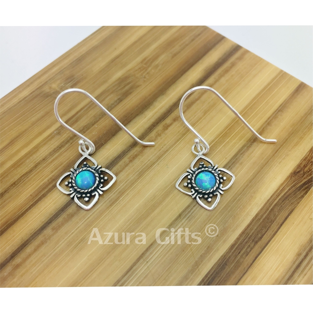 Blue Opal Silver Flower Earrings & Necklace Set