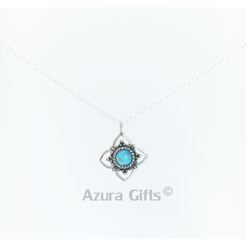 Blue Opal Silver Flower Earrings & Necklace Set