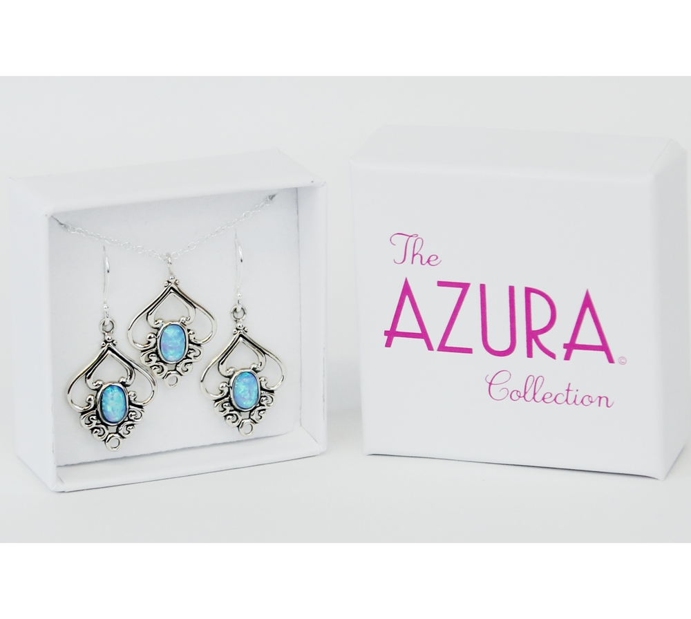 Blue Opal Silver Patterned Earrings & Necklace Set