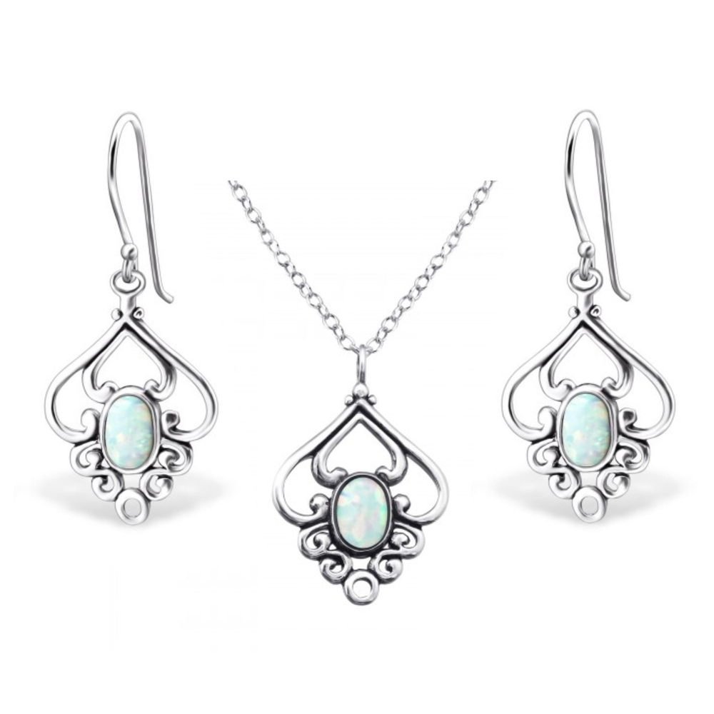 White Opal Silver Patterned Earrings & Necklace Set