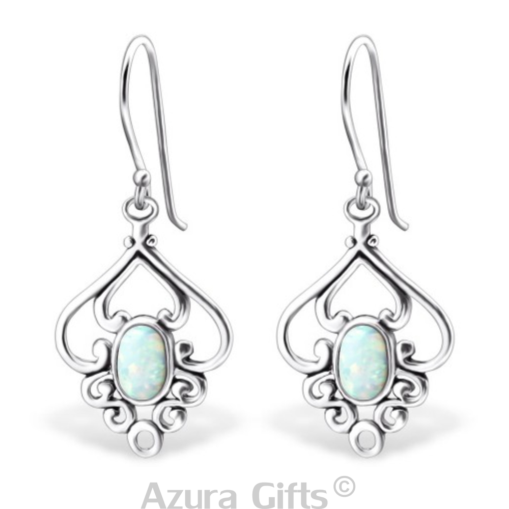 White Opal Silver Patterned Earrings & Necklace Set
