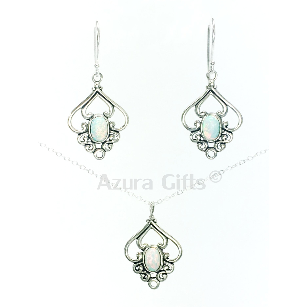 White Opal Silver Patterned Earrings & Necklace Set