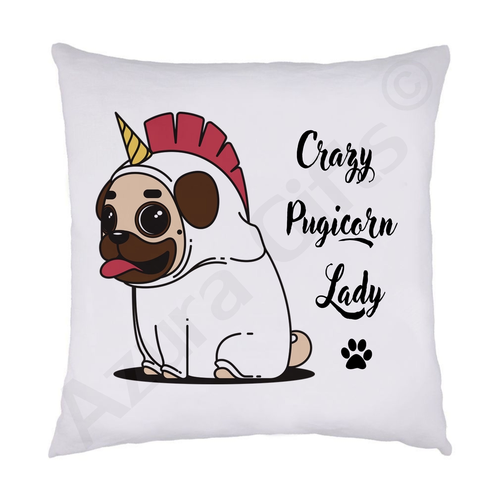 Crazy Pugicorn Lady Cushion