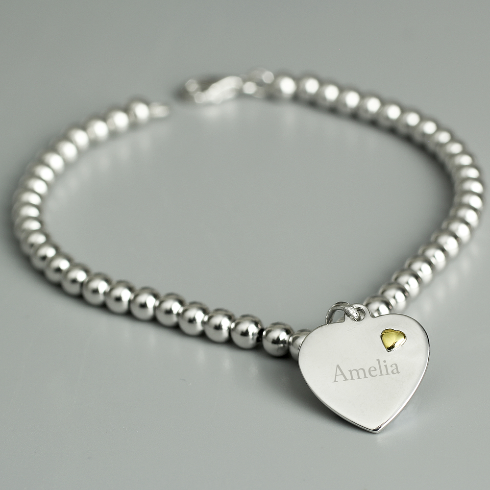 Personalised Sterling Silver & 9ct Gold Heart Bracelet