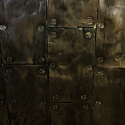 Copper top coffee table with upcycled old axle stand legs