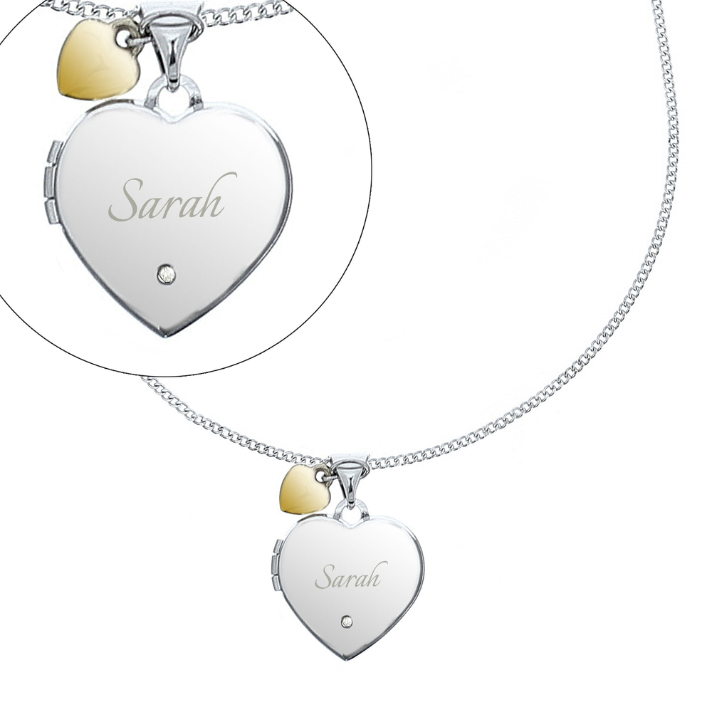 Personalised Sterling Silver Heart Locket Necklace with Diamond & 9ct Gold Charm