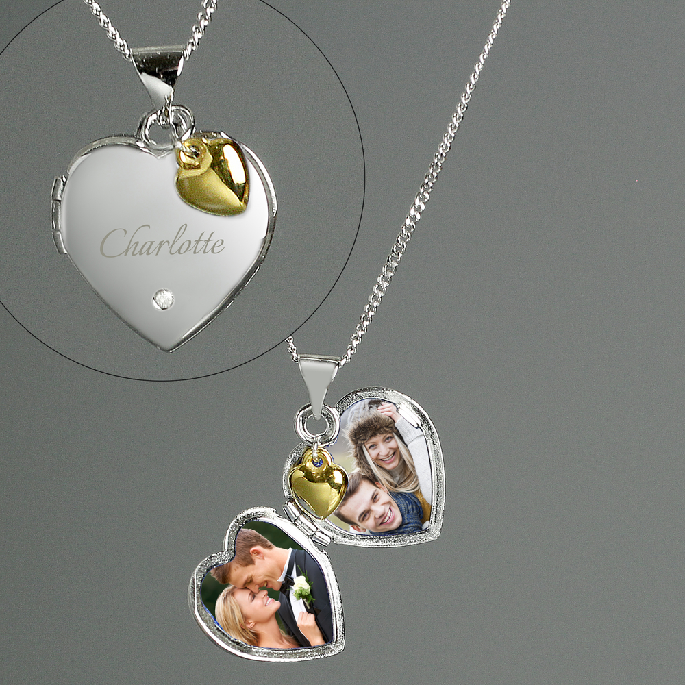 Personalised Sterling Silver Heart Locket Necklace with Diamond & 9ct Gold Charm