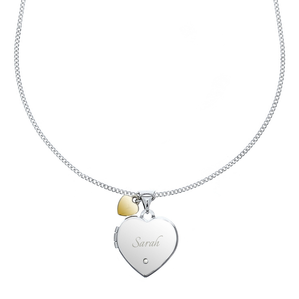 Personalised Sterling Silver Heart Locket Necklace with Diamond & 9ct Gold Charm