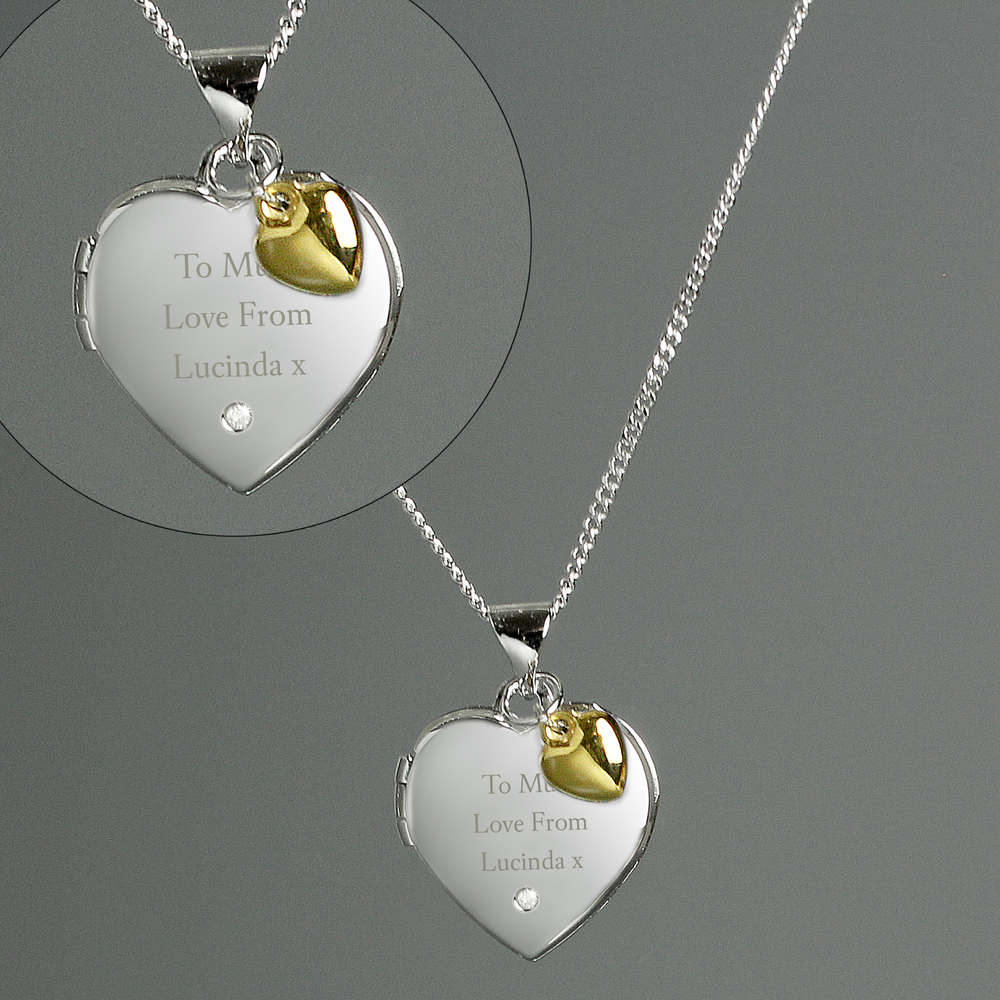 Personalised Sterling Silver Heart Locket Necklace with Diamond & 9ct Gold Charm