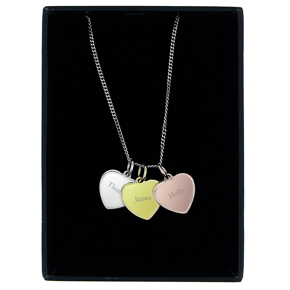 Personalised Gold, Rose Gold and Silver 3 Hearts Necklace