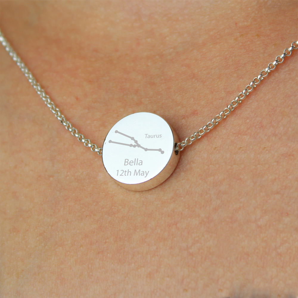 Personalised Taurus Zodiac Star Sign Silver Tone Necklace (April 20th - May 20th)