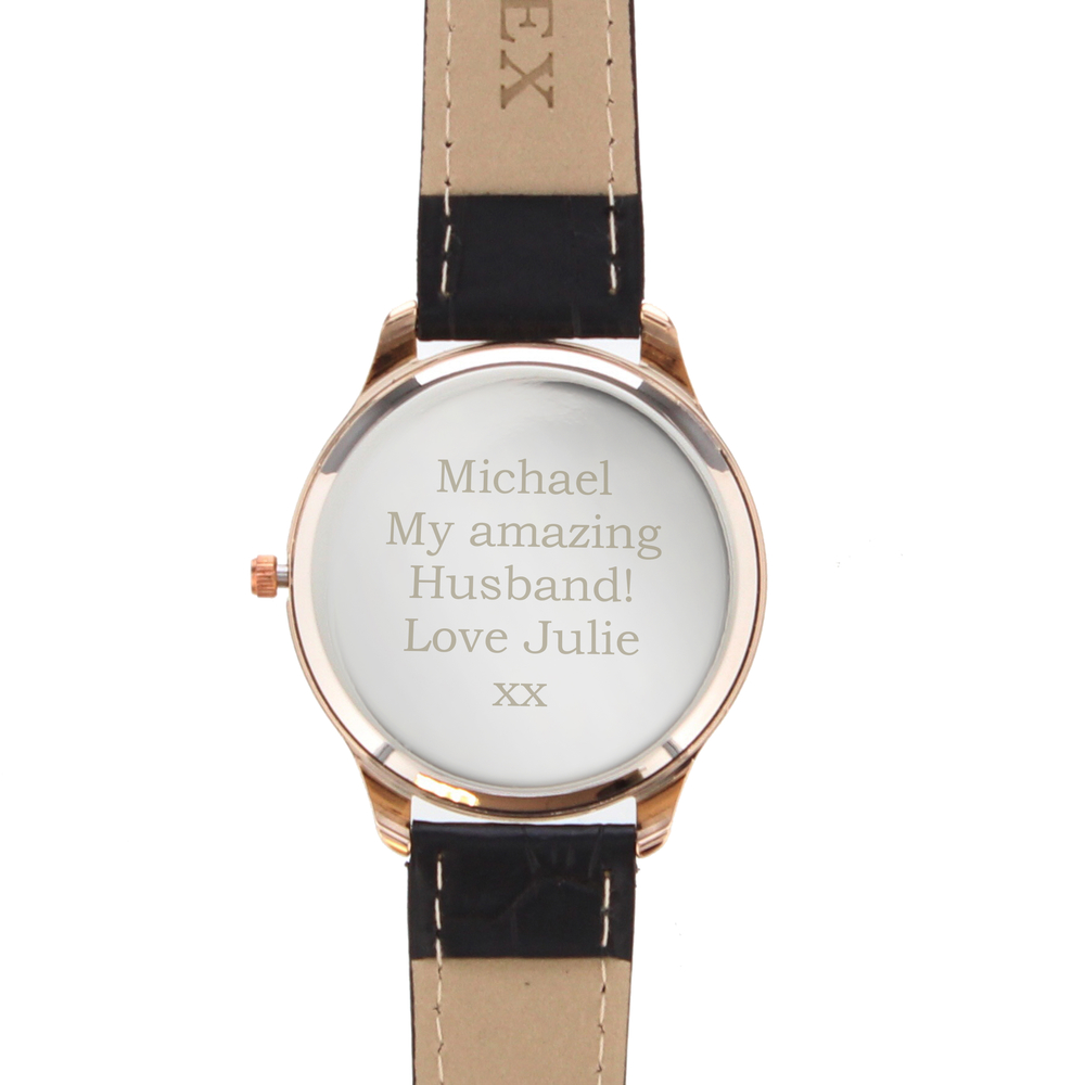 Personalised Mens Rose Gold Watch with Black Strap