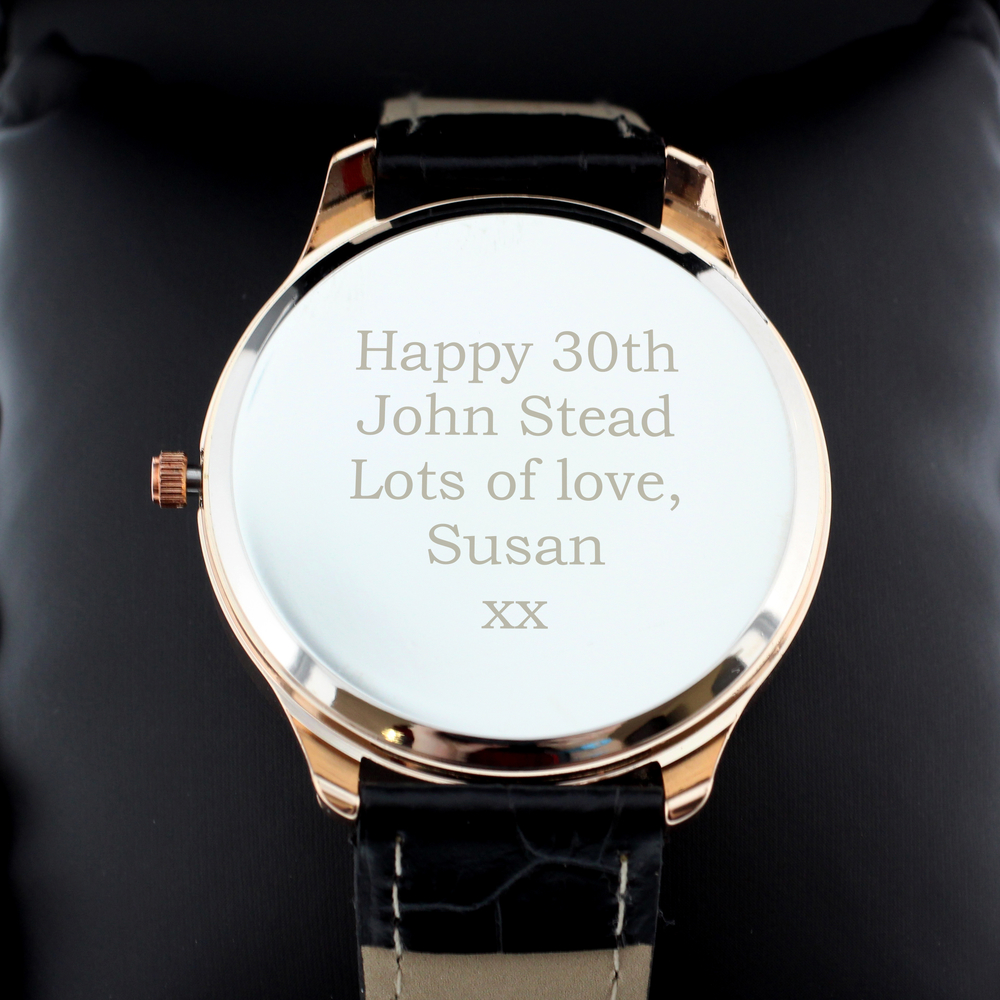 Personalised Mens Rose Gold Watch with Black Strap