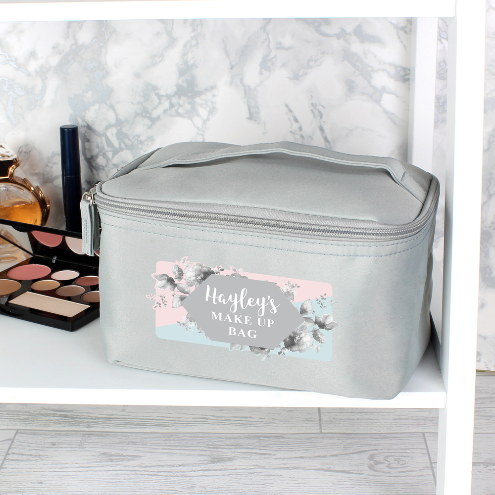 Personalised Floral Grey Make Up Wash Bag