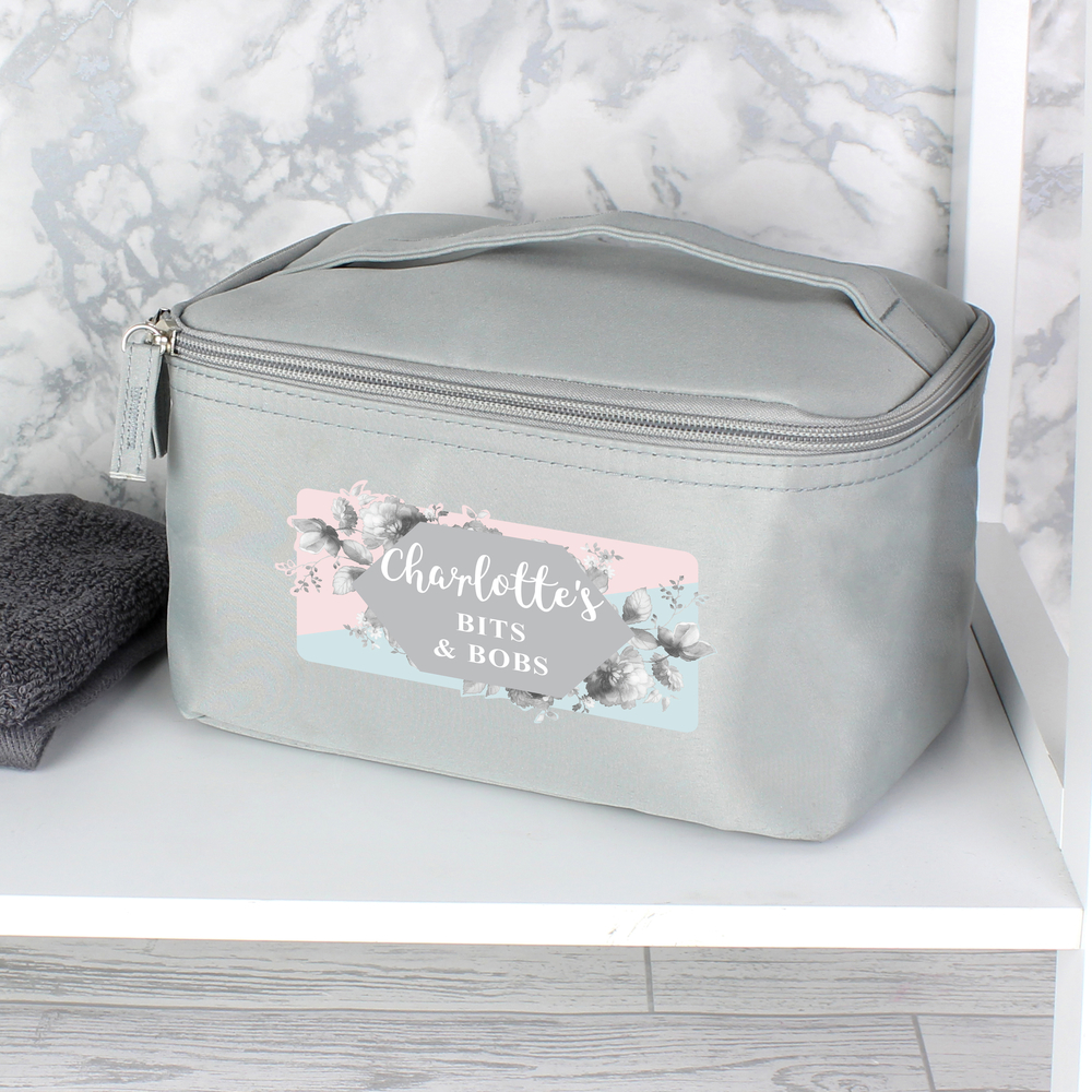 Personalised Floral Grey Make Up Wash Bag