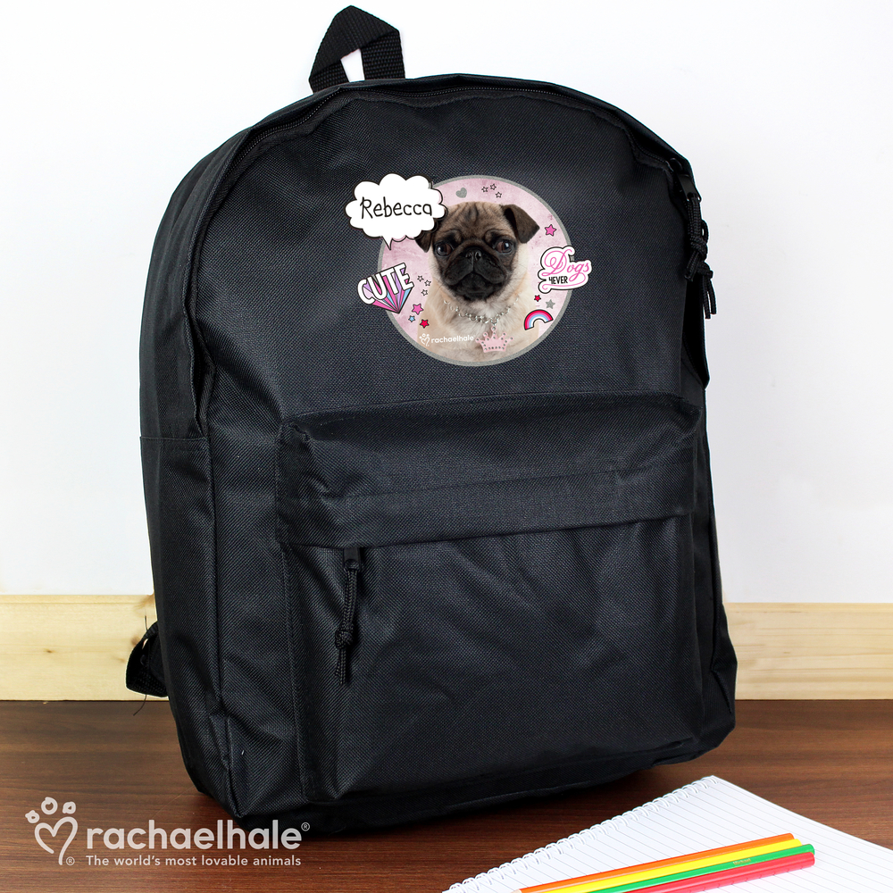 Personalised Rachael Hale Doodle Pug Black Backpack