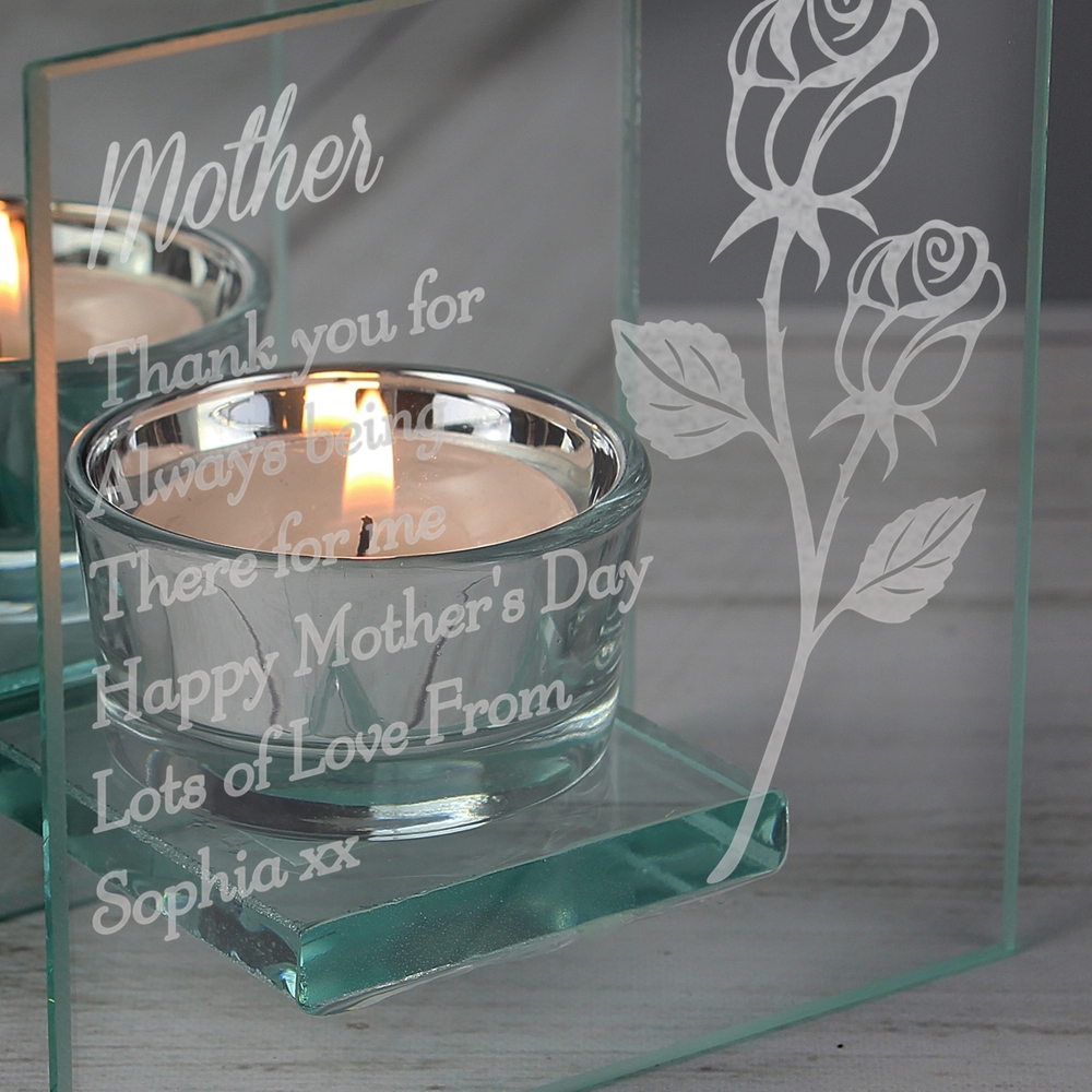 Personalised Rose Mirrored Glass Tea Light Holder
