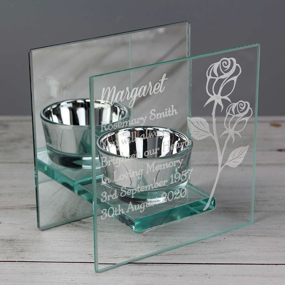 Personalised Rose Mirrored Glass Tea Light Holder