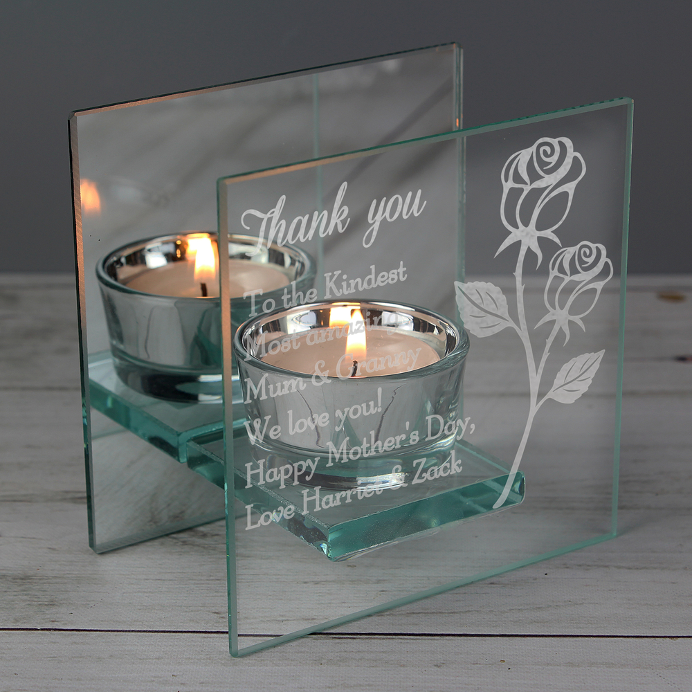 Personalised Rose Mirrored Glass Tea Light Holder