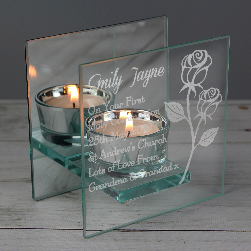 Personalised Rose Mirrored Glass Tea Light Holder