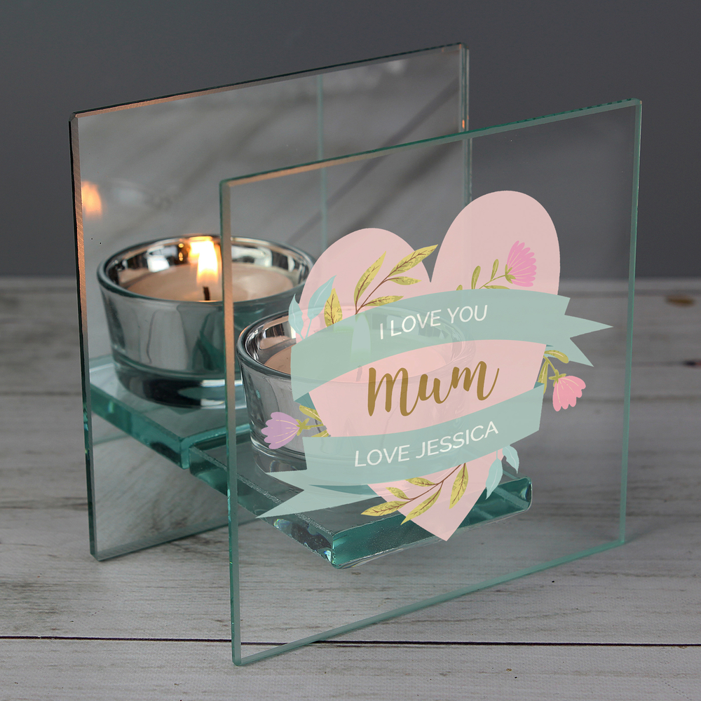 Personalised Floral Heart Mirrored Glass Tea Light Holder