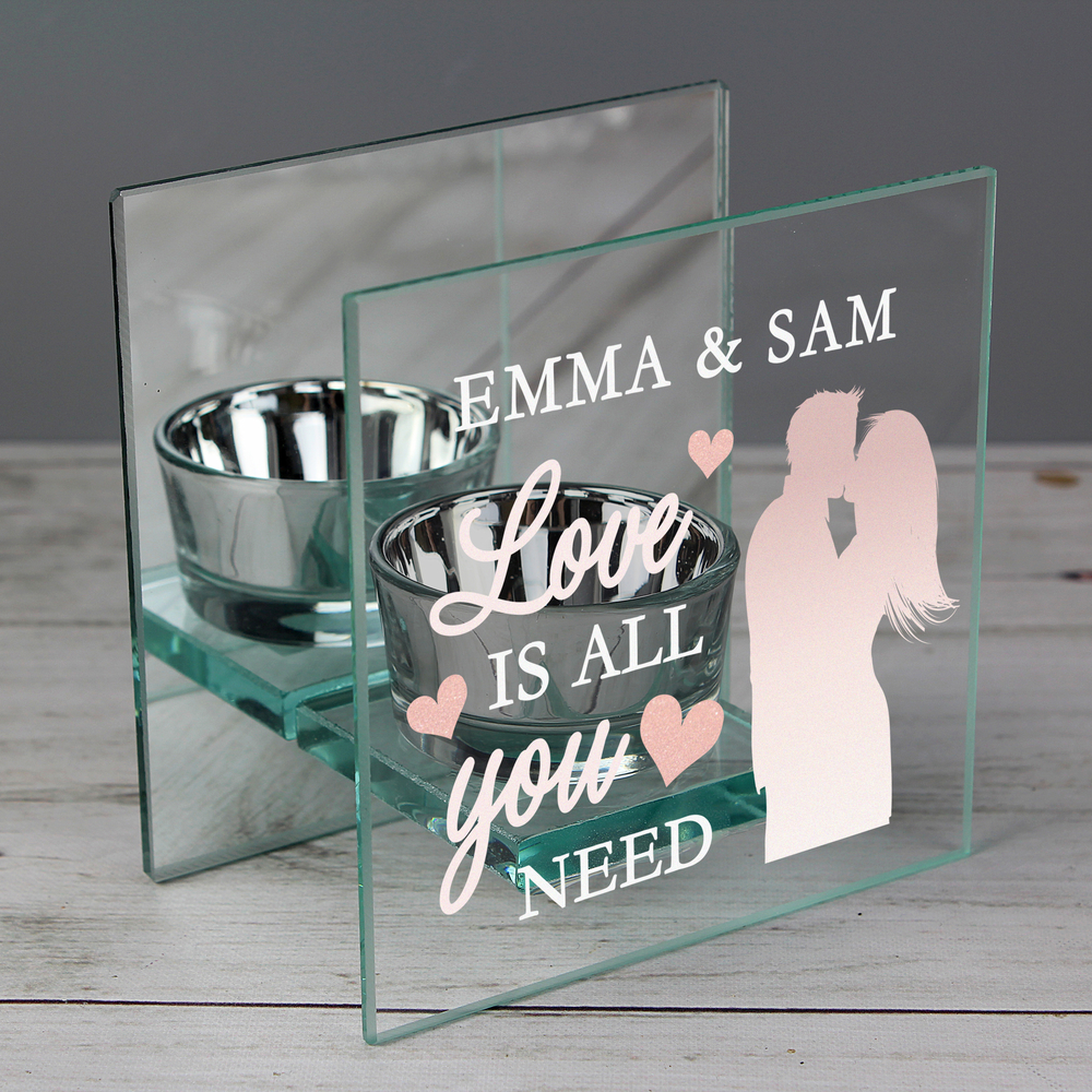 Personalised 'Love is All You Need' Mirrored Glass Tea Light Holder