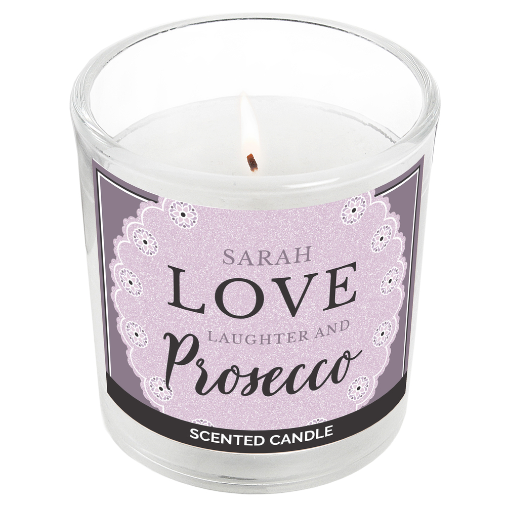 Personalised Lilac Lace 'Love Laughter & Prosecco' Scented Jar Candle