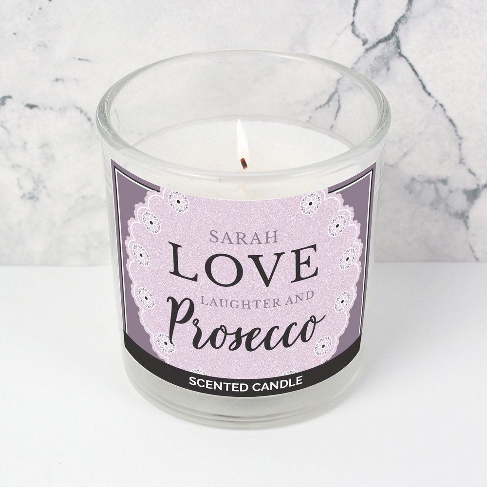 Personalised Lilac Lace 'Love Laughter & Prosecco' Scented Jar Candle