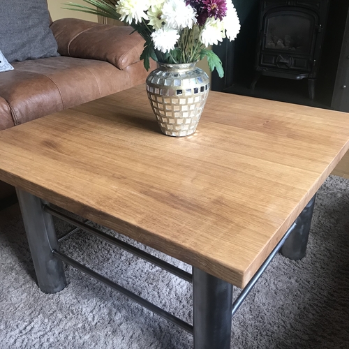 Upcycled oak top with industrial style metal base frame