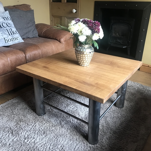 Upcycled oak top with industrial style metal base frame