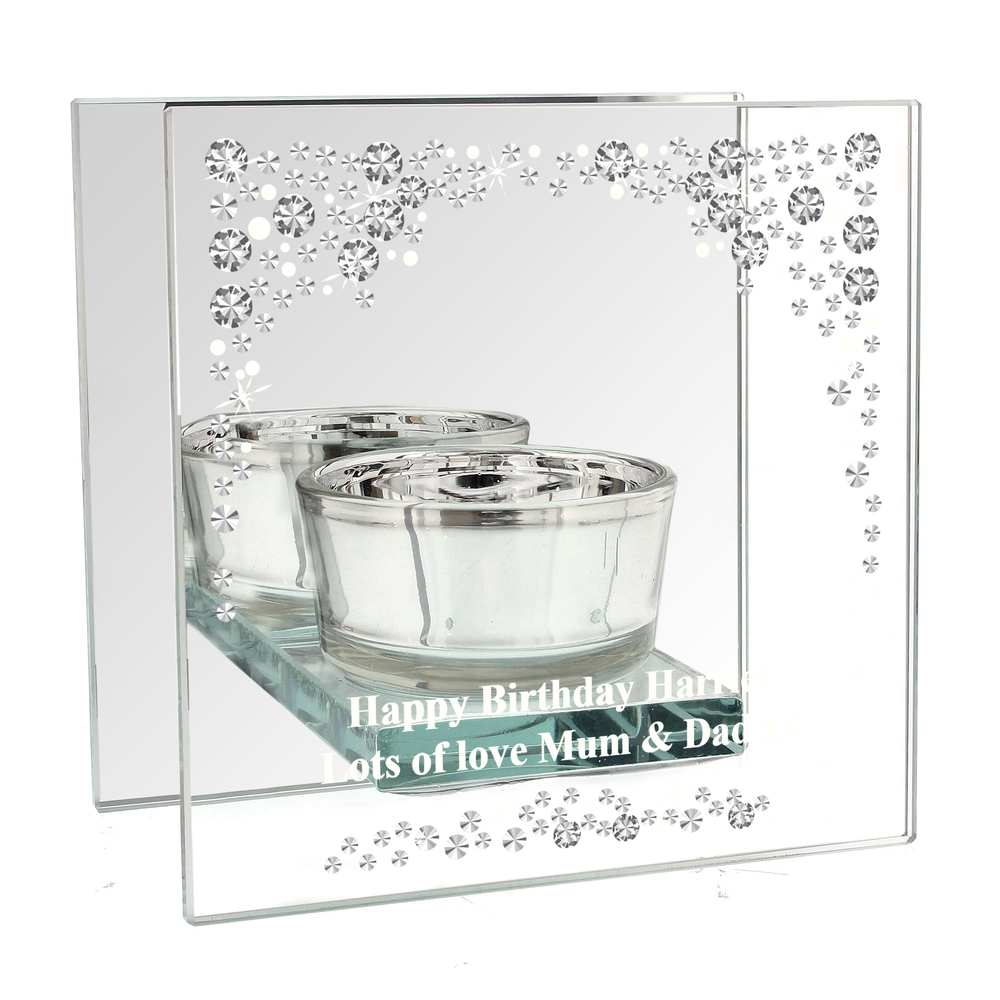 Personalised Diamante Mirrored Glass Tea Light Candle Holder