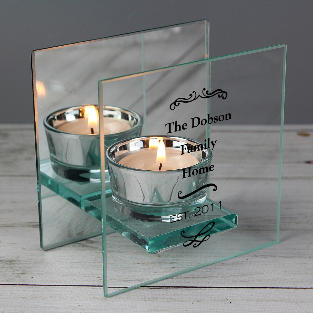 Personalised Antique Scroll Mirrored Glass Tea Light Holder