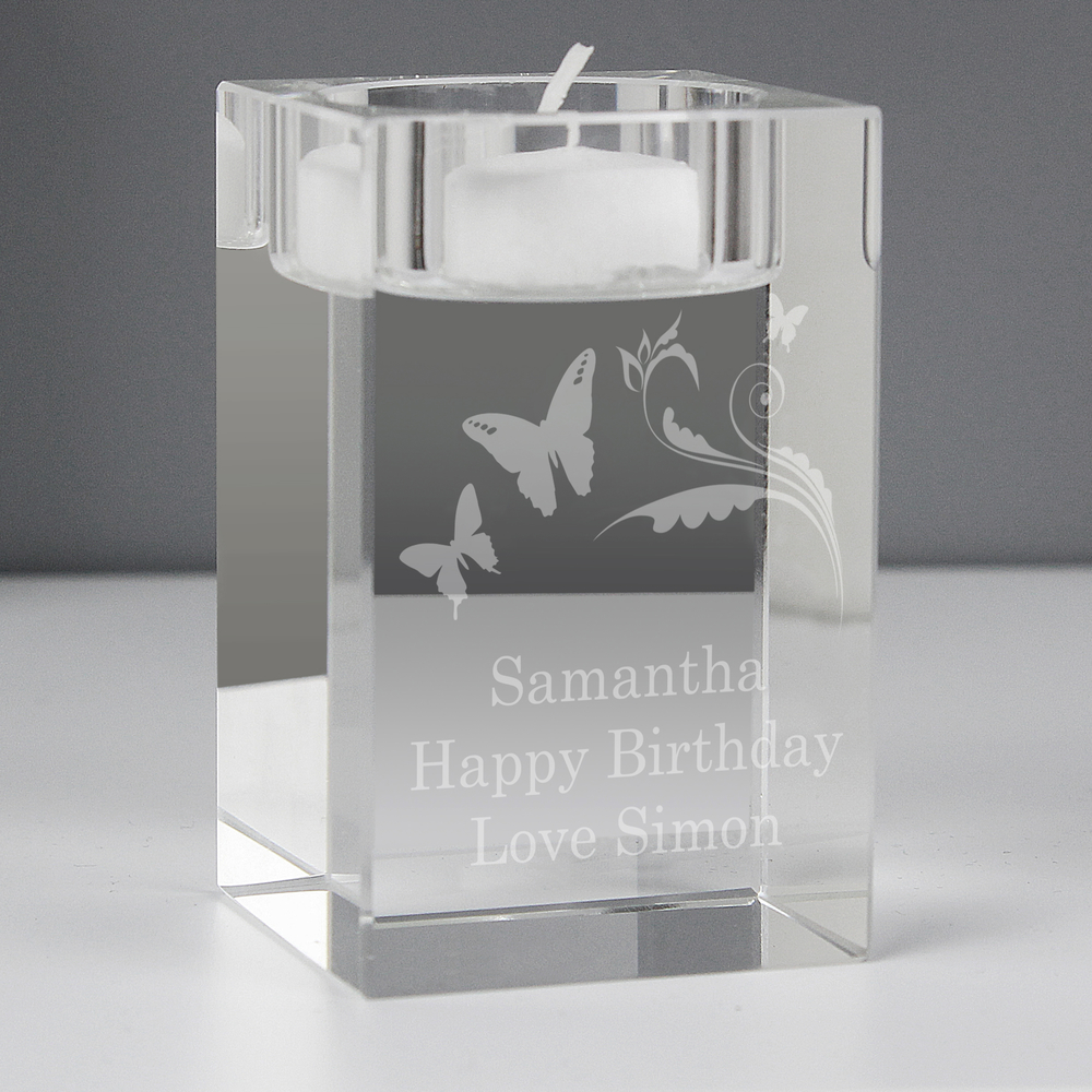 Personalised Butterfly Swirl Glass Tea Light Candle Holder