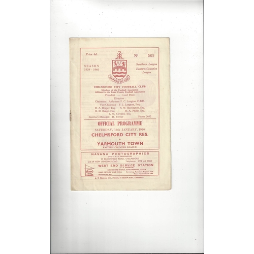 Chelmsford City Reserves v Yarmouth Town Football Programme 1959/60
