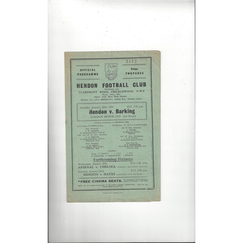 1953/54 Hendon v Barking London Senior Cup Football Programme