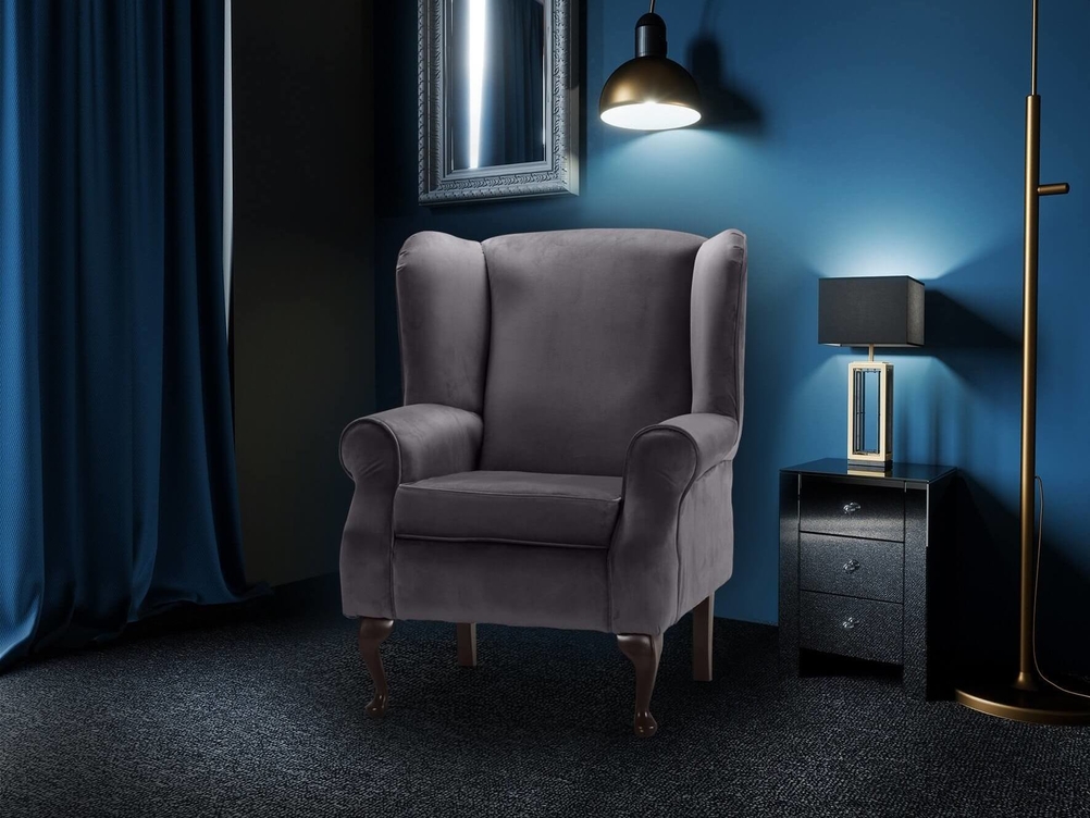 QUEEN ANNE WING BACK CHAIR IN GREY PLUSH