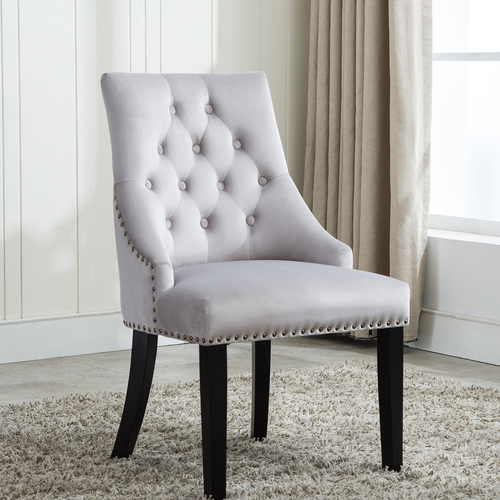Victoria Tufted Velvet Fabric Studded Accent Dining Chair (Light Grey)