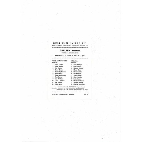 West Ham United v Chelsea Football Combination Programme 1971/72