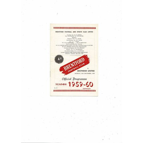 1959/60 Brentford v Southend United Football Programme