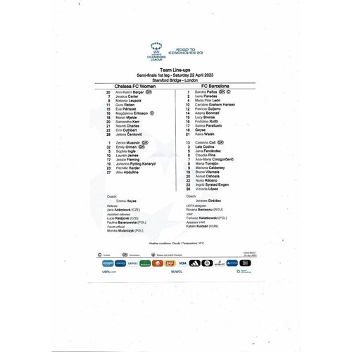 2022/23 Chelsea v Barcelona Womens Champions League Semi Final Football Progamme