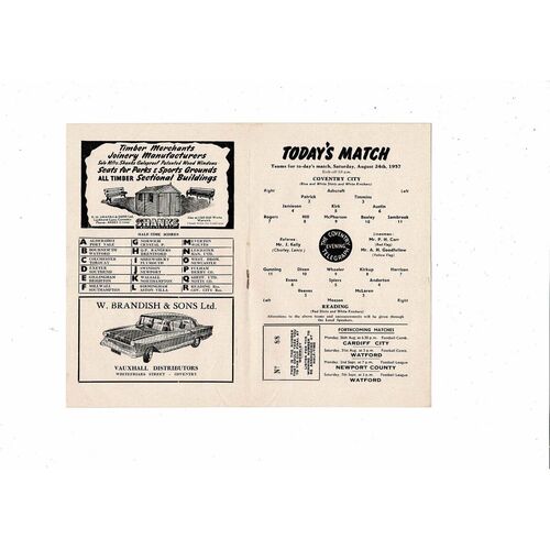 1957/58 Coventry City v Reading Football Programme August 24th
